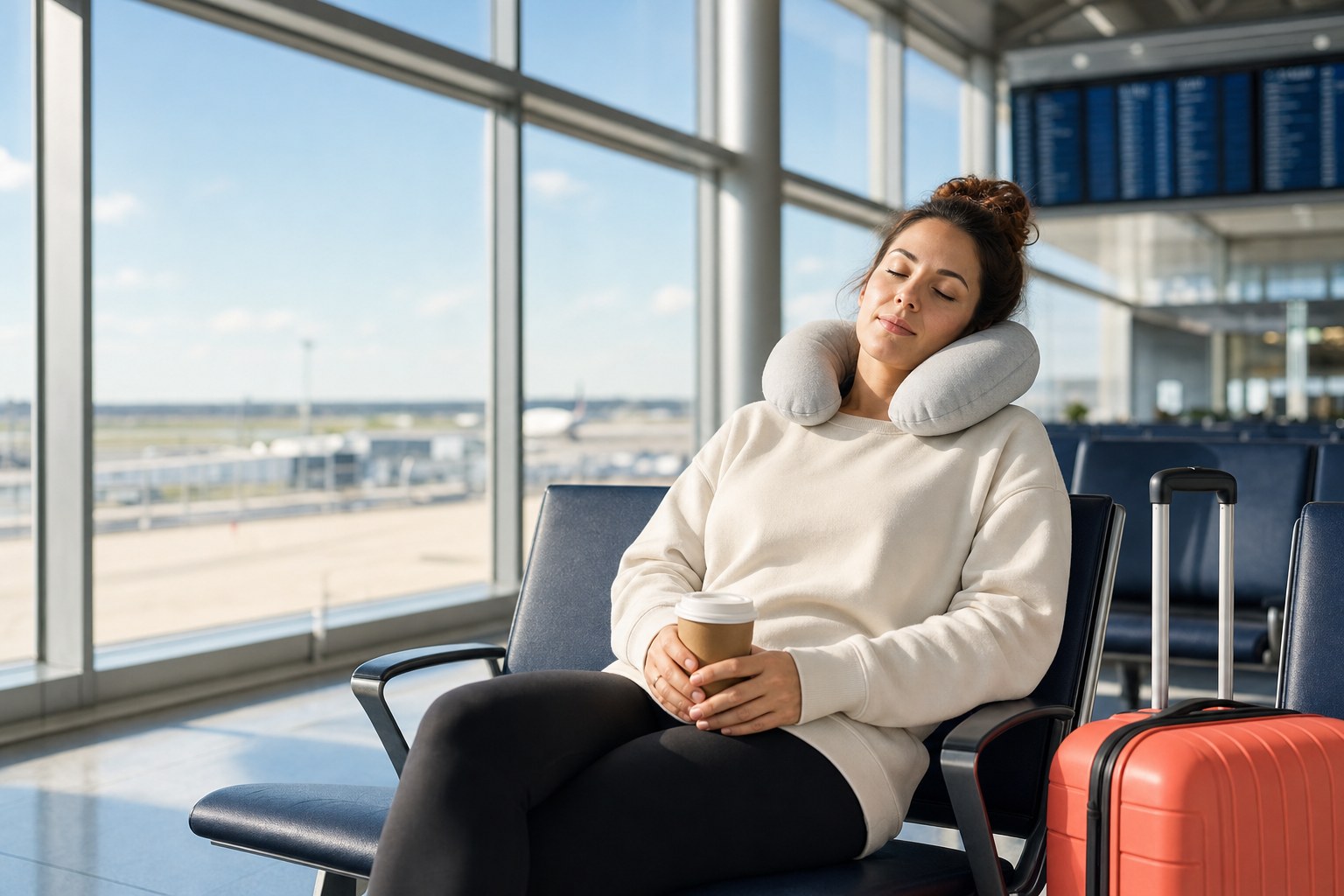 Traveler resting with a neck pillow in an airport departure lounge