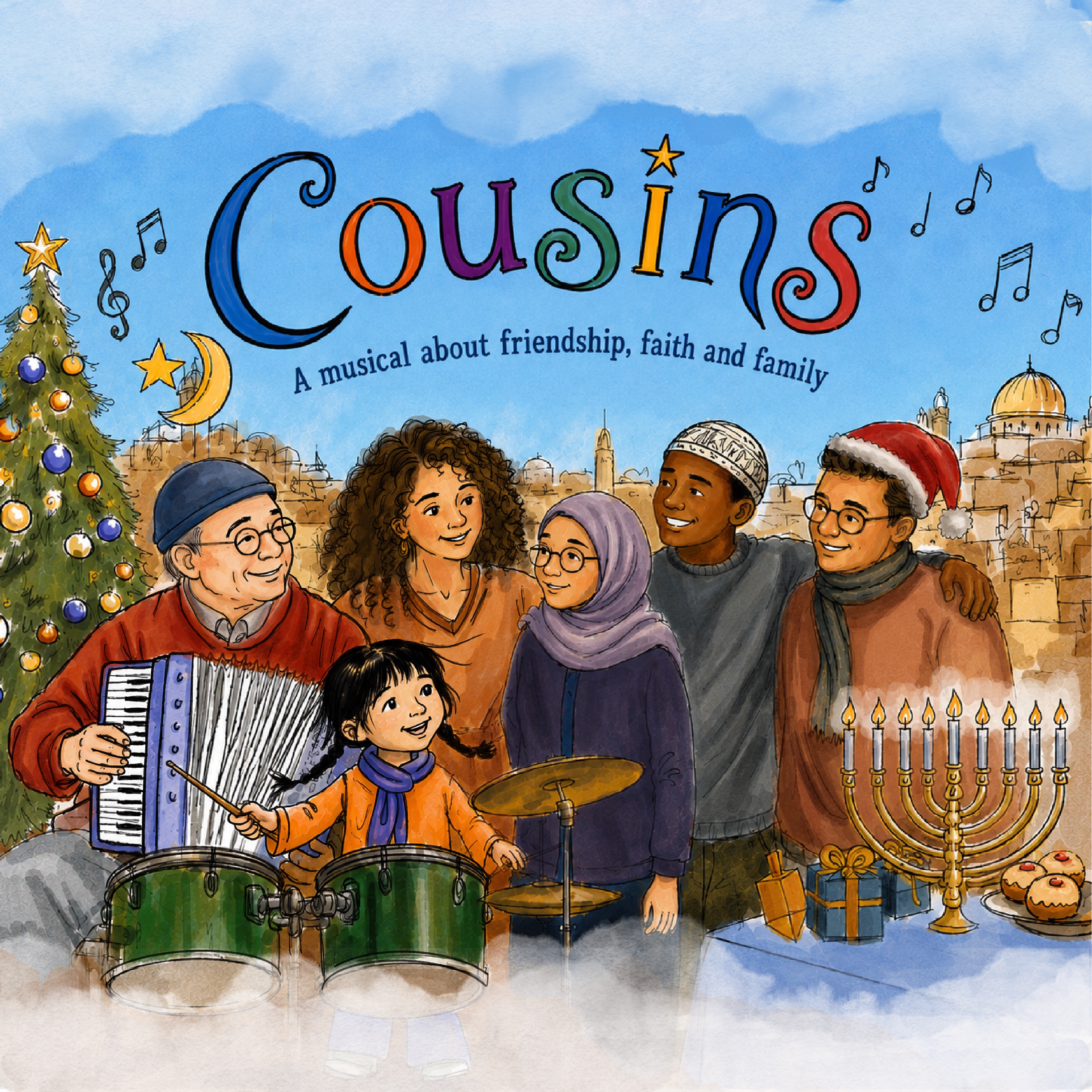 Illustrated Cousins title image showing Miri on drums surrounded by family, friends, music, Hanukkah, and Christmas celebrations