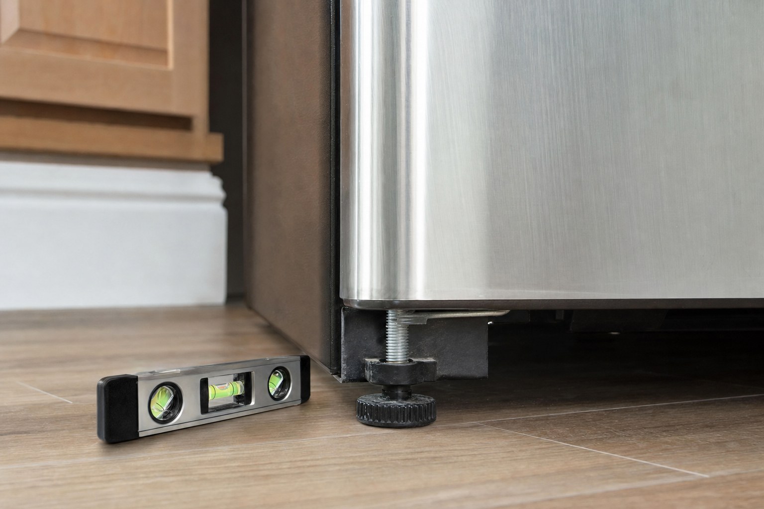 Adjustable refrigerator leveling foot and a bubble level at the lower front of an appliance