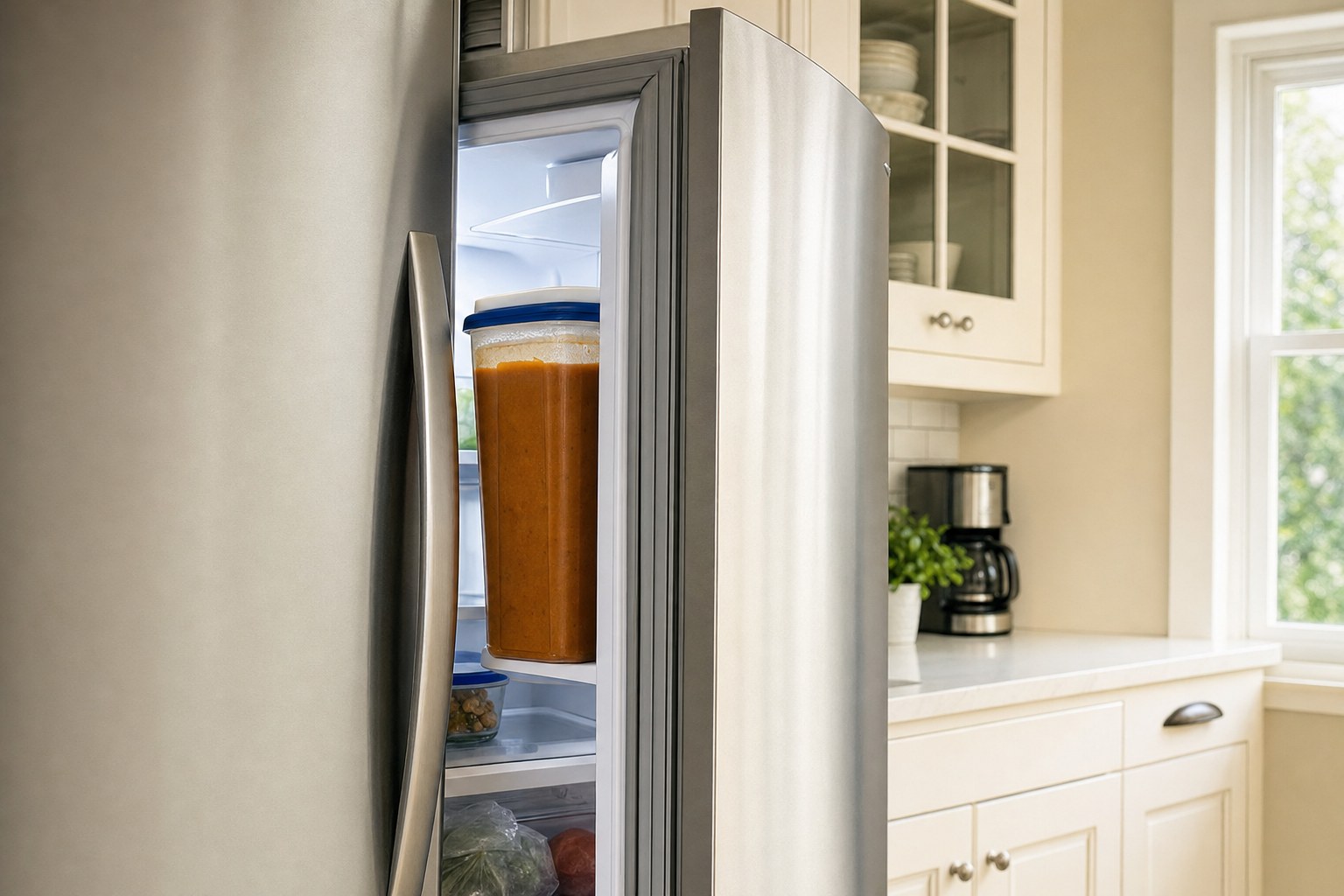 Refrigerator door held slightly open by a food container in a home kitchen