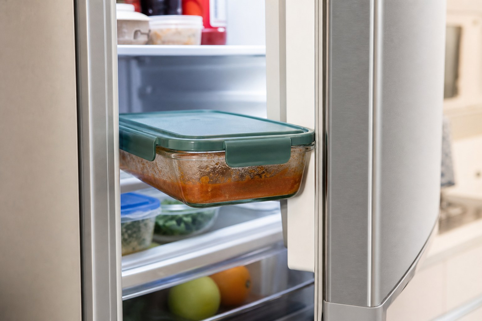 Food container protruding from a refrigerator shelf and holding the door slightly open