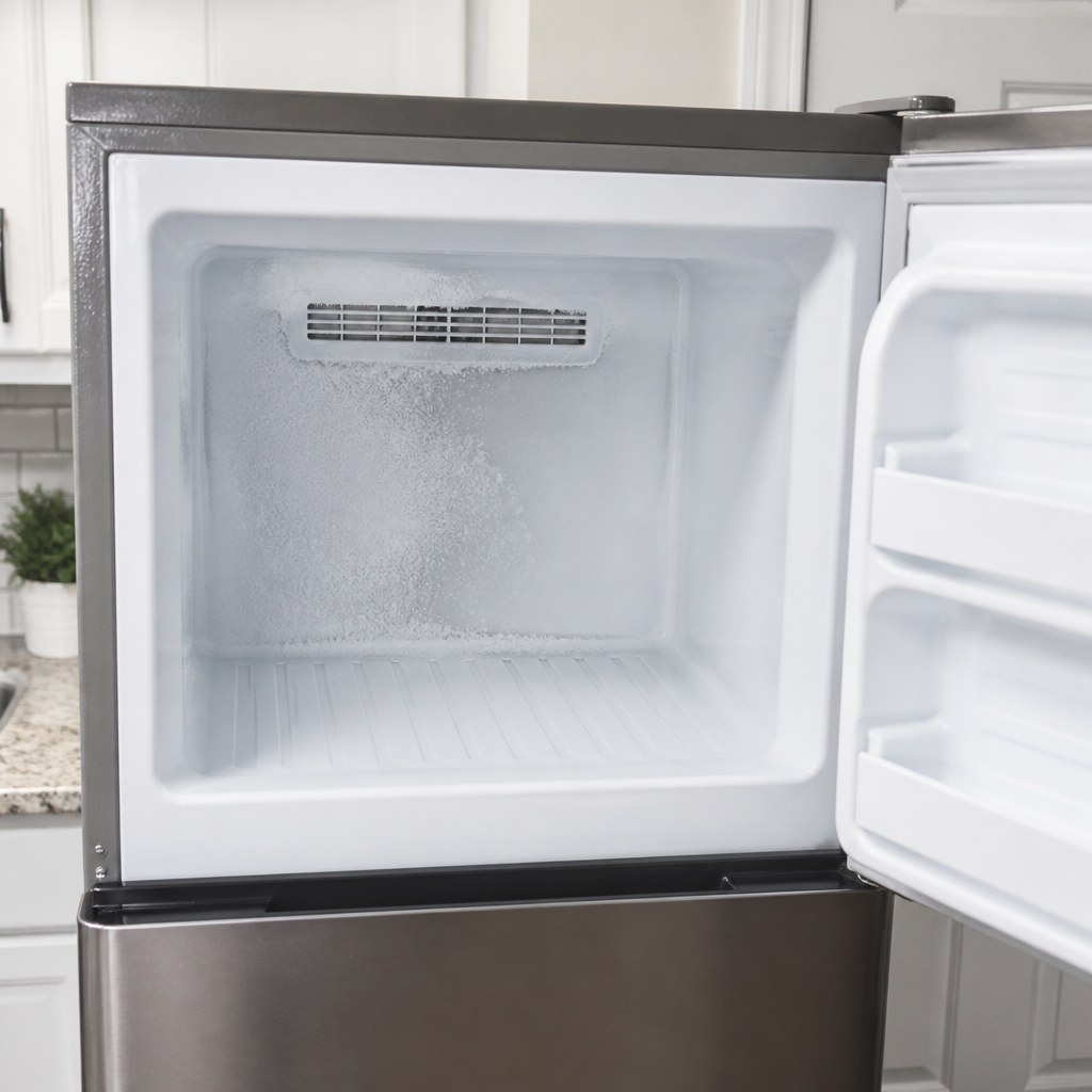 Frost buildup around the rear air vent inside a refrigerator freezer compartment