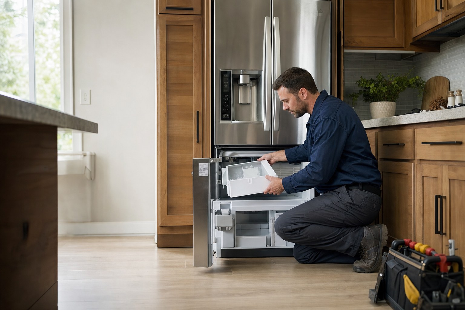 Appliance technician inspecting an empty refrigerator ice bin in a home kitchen