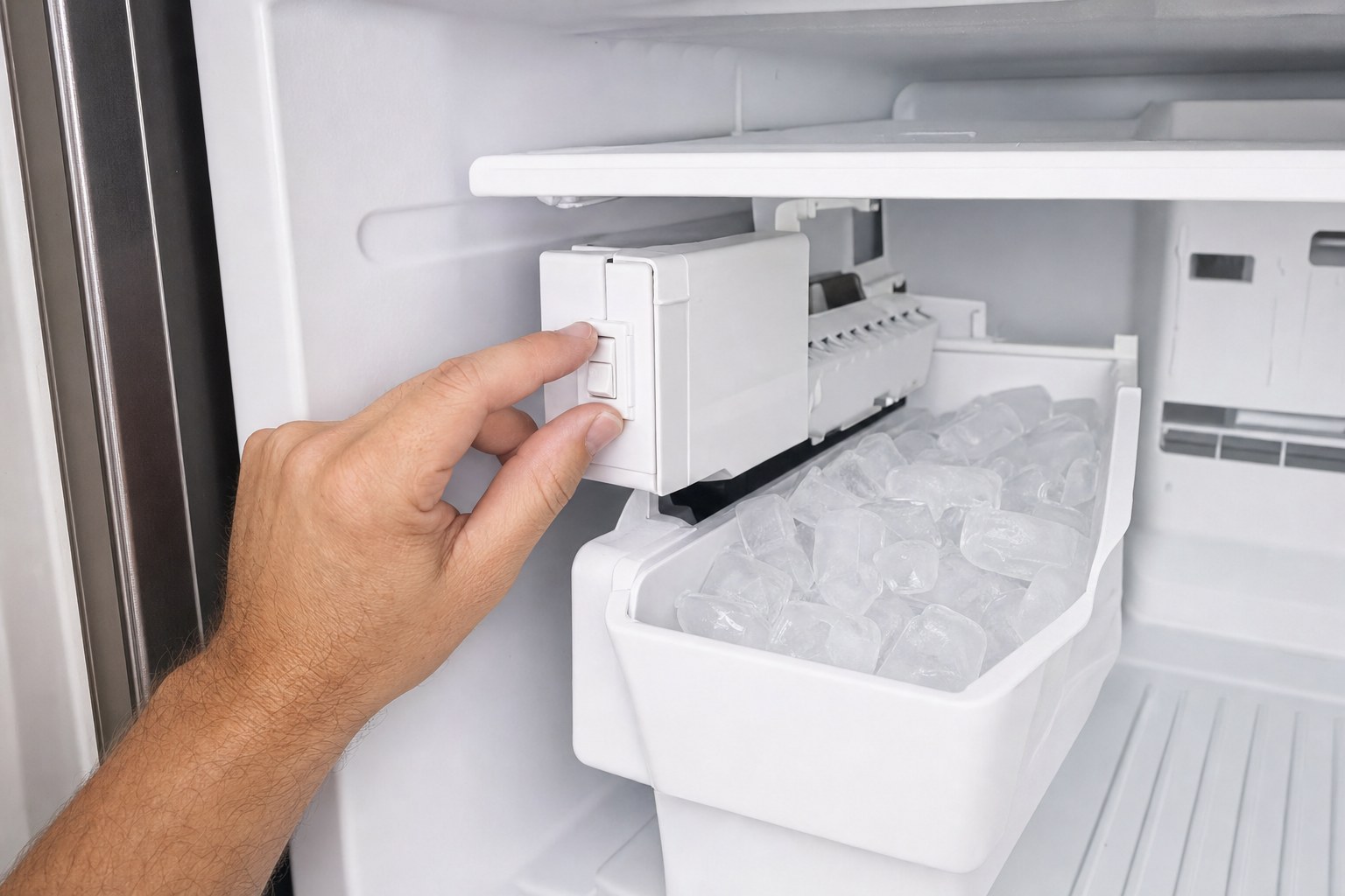 Hand checking an ice maker switch beside a refrigerator ice bin