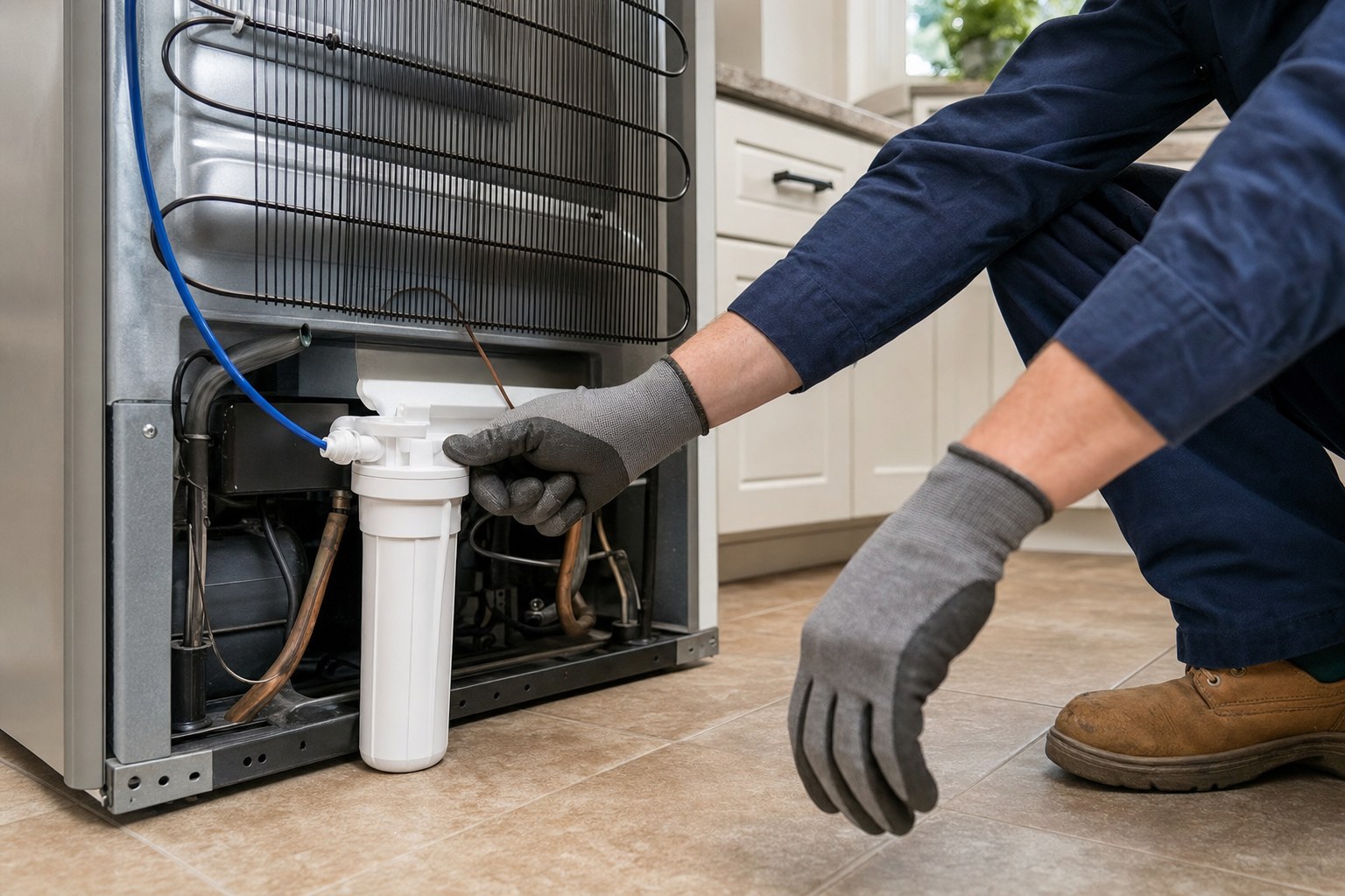 Appliance technician inspecting a refrigerator water connection and filter area