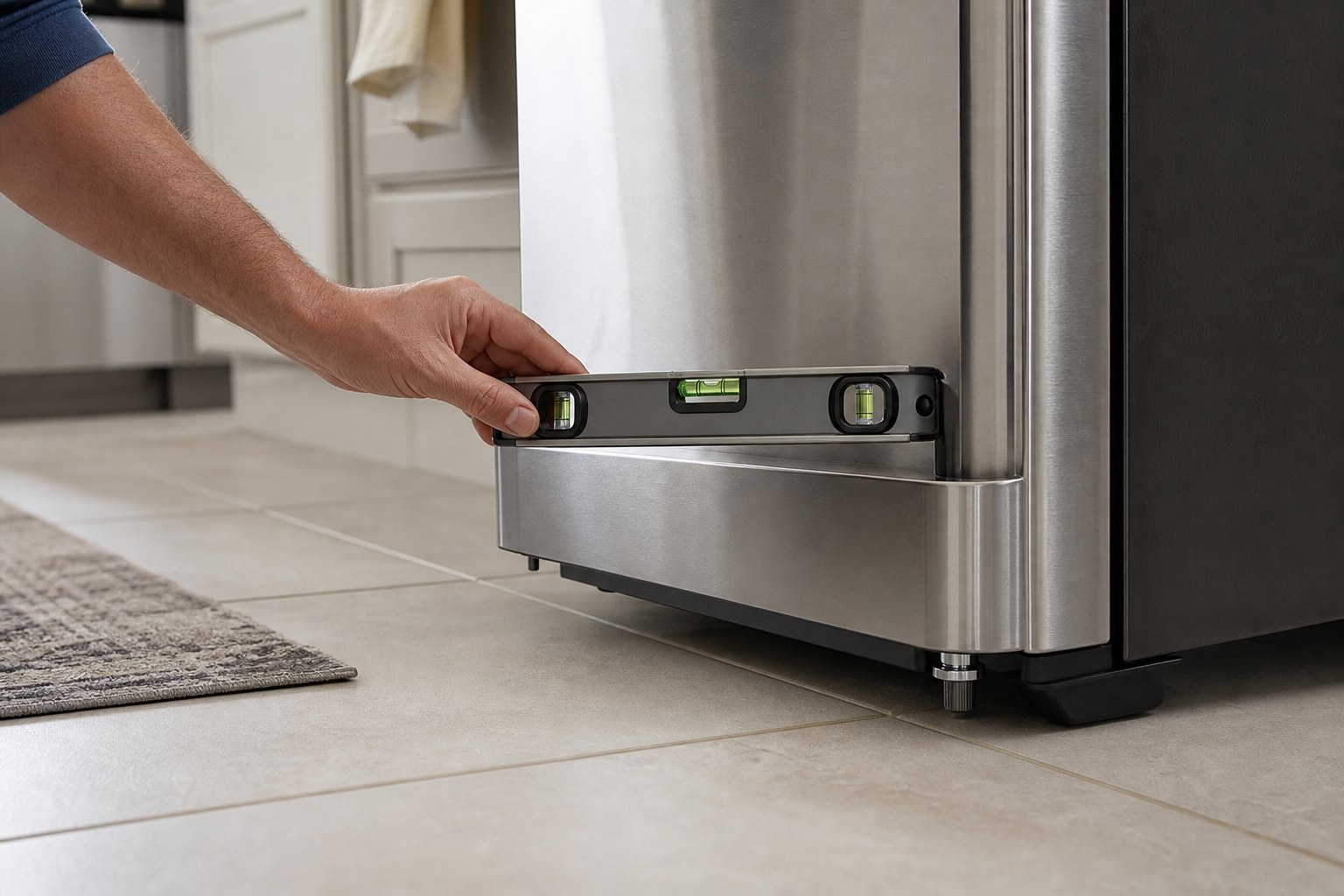 Homeowner checking whether a refrigerator is level near its front corner
