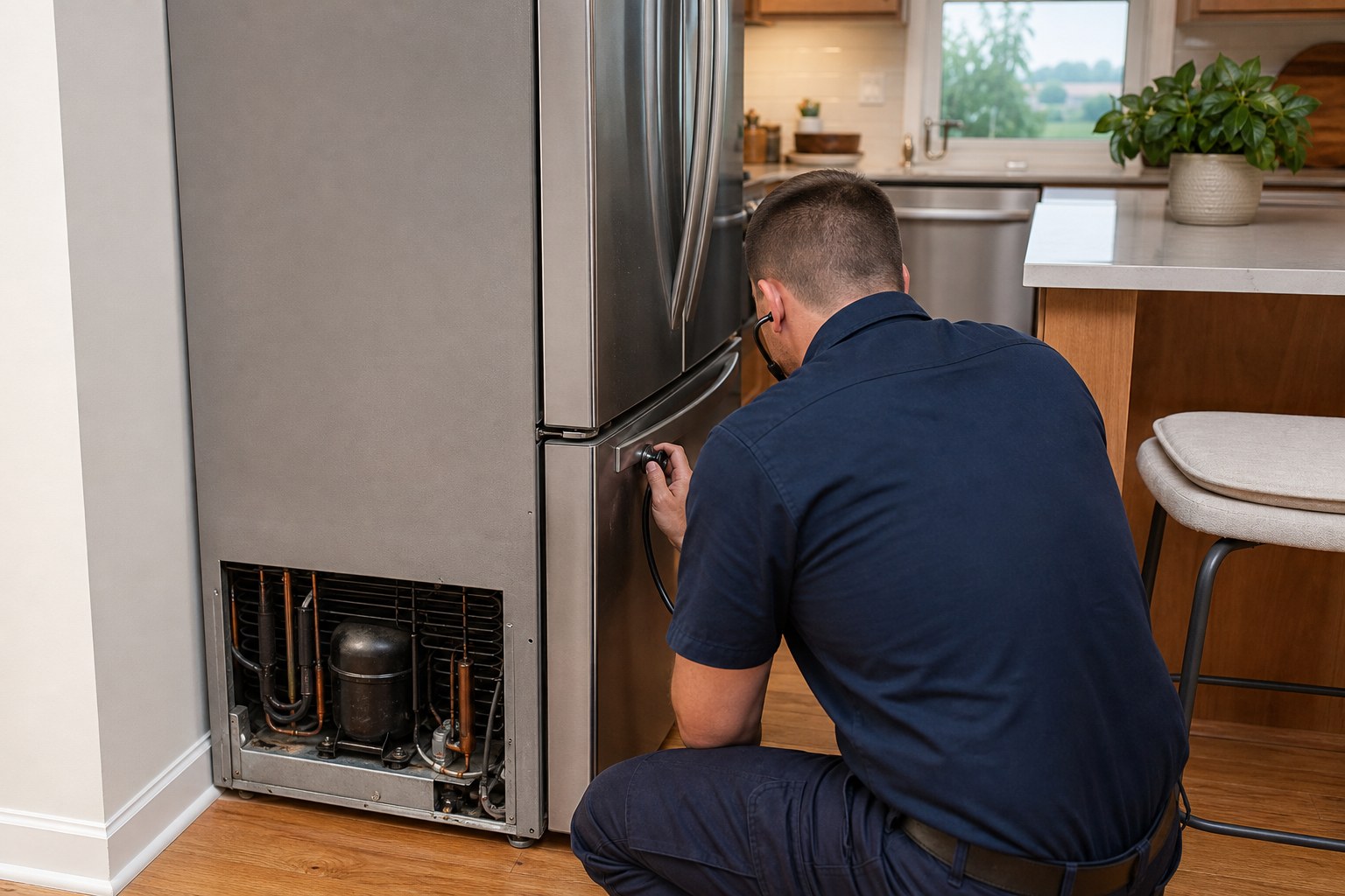 Appliance technician listening near a refrigerator during a home repair visit