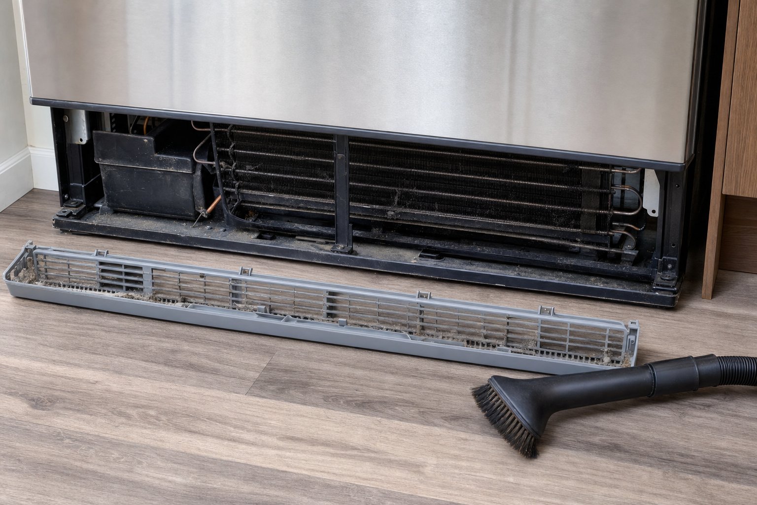 Accessible refrigerator condenser area with dust and a vacuum brush ready for cleaning