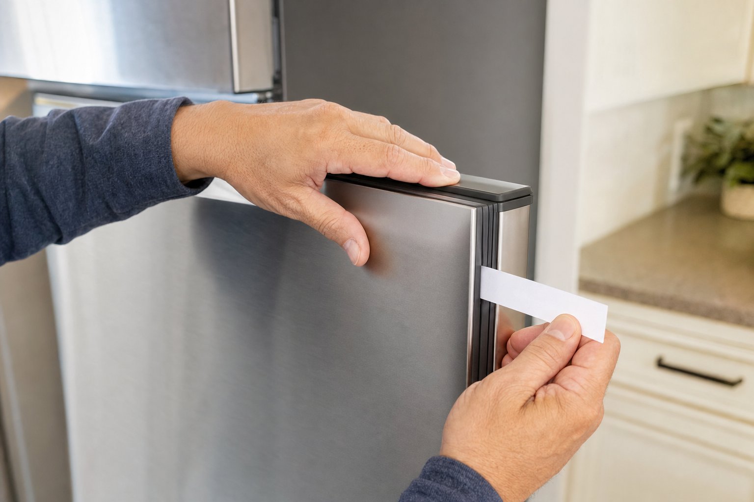 Homeowner checking a refrigerator door gasket with a paper strip
