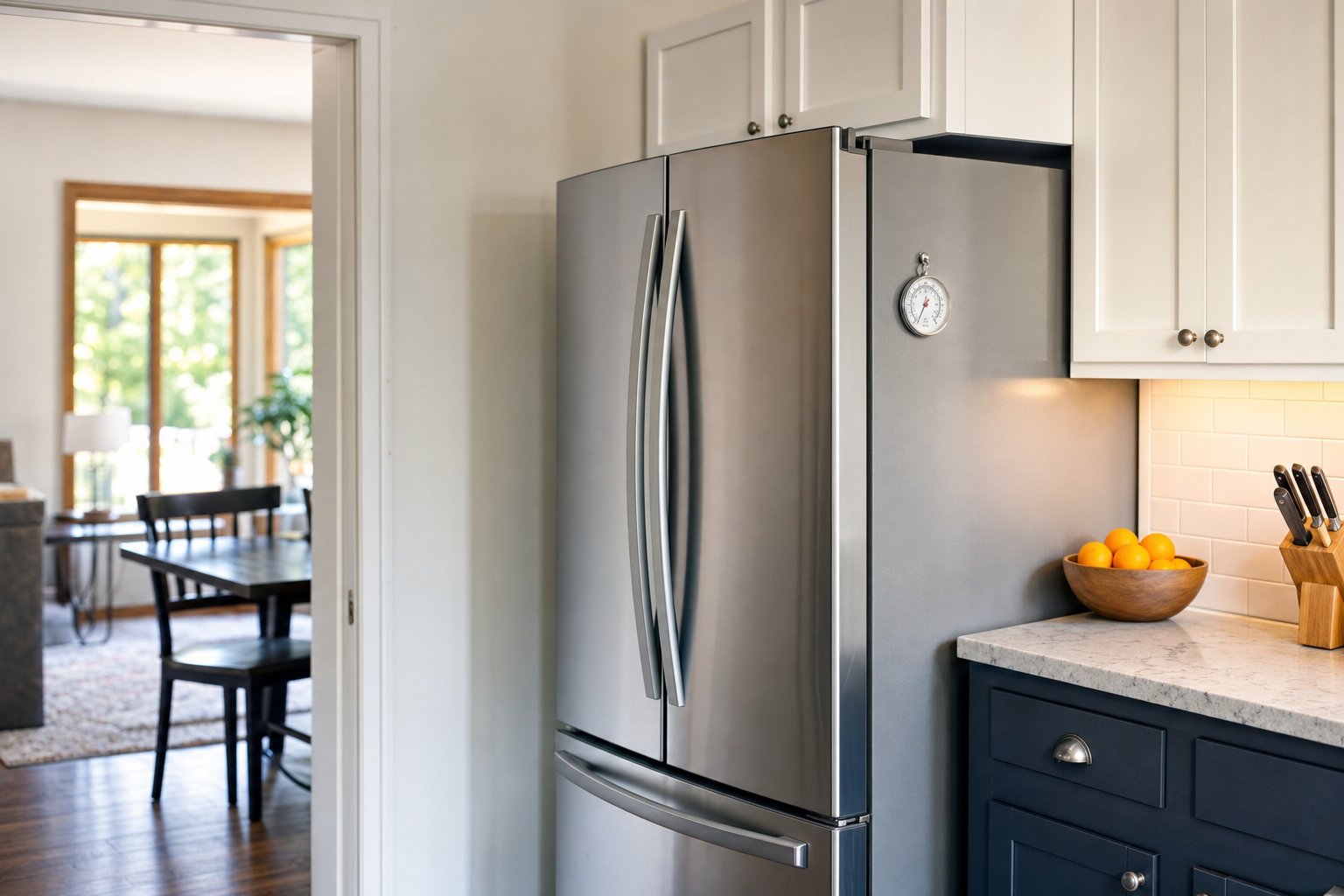 Modern refrigerator in a bright home kitchen during a cooling cycle