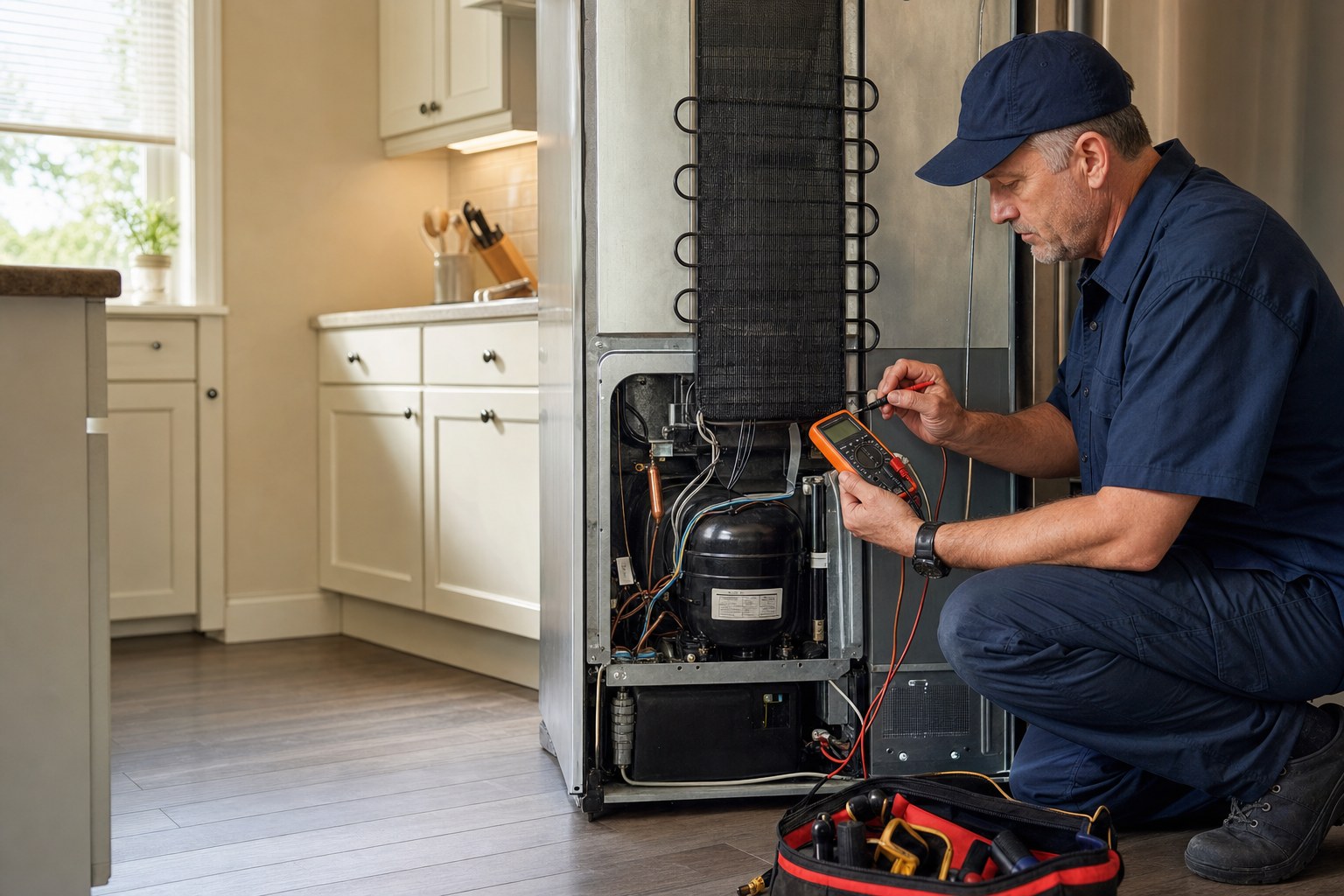Experienced technician diagnosing a refrigerator in a home kitchen