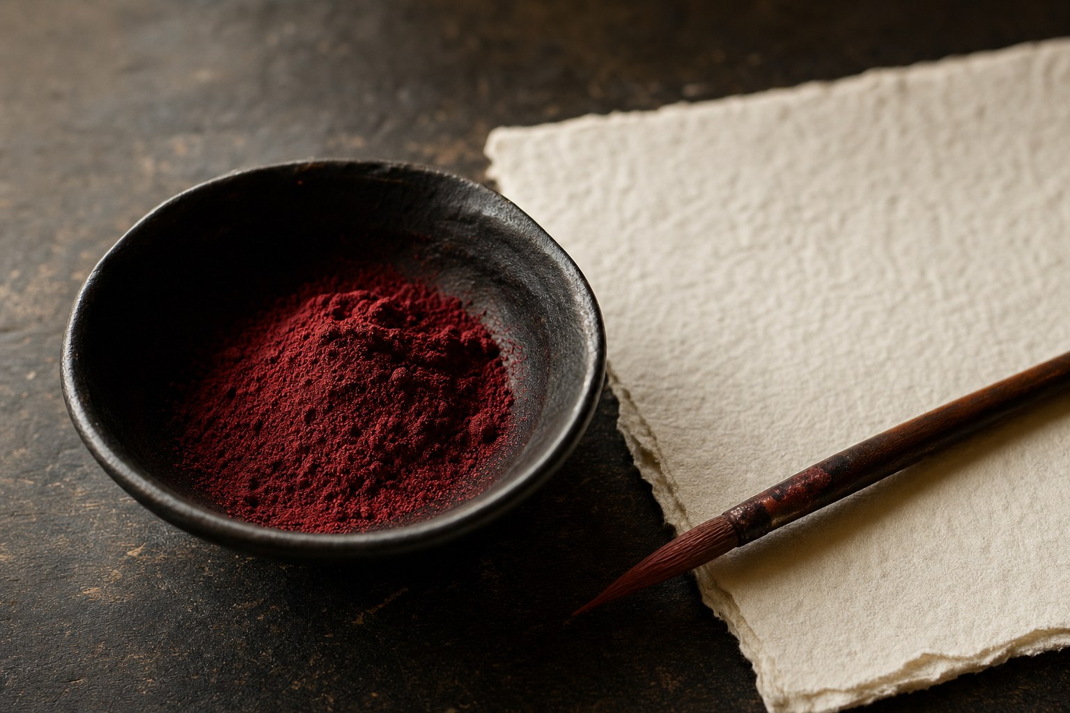 Red pigment, a brush, and handmade paper on a studio table