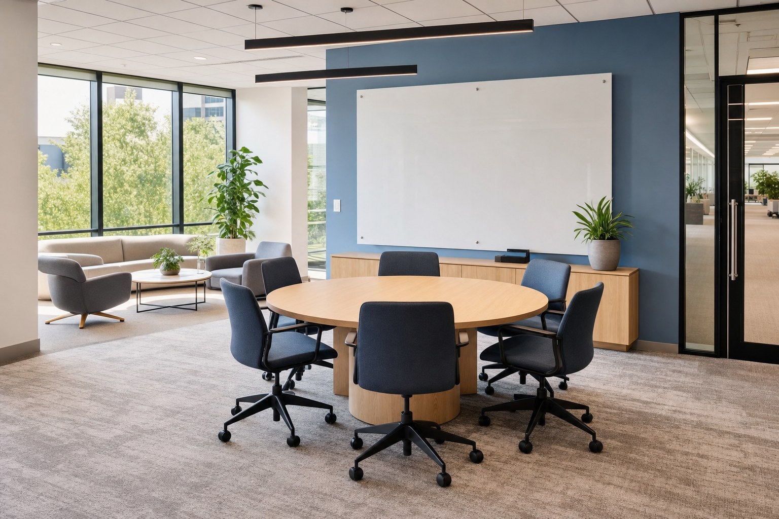 Flexible collaboration area with round meeting table, lounge seating, and clear access