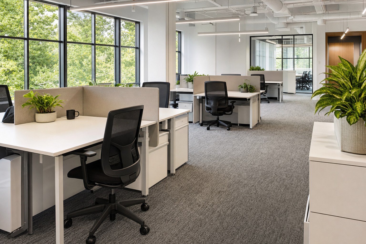 Focused workstation area with desk clusters, task chairs, and clear circulation