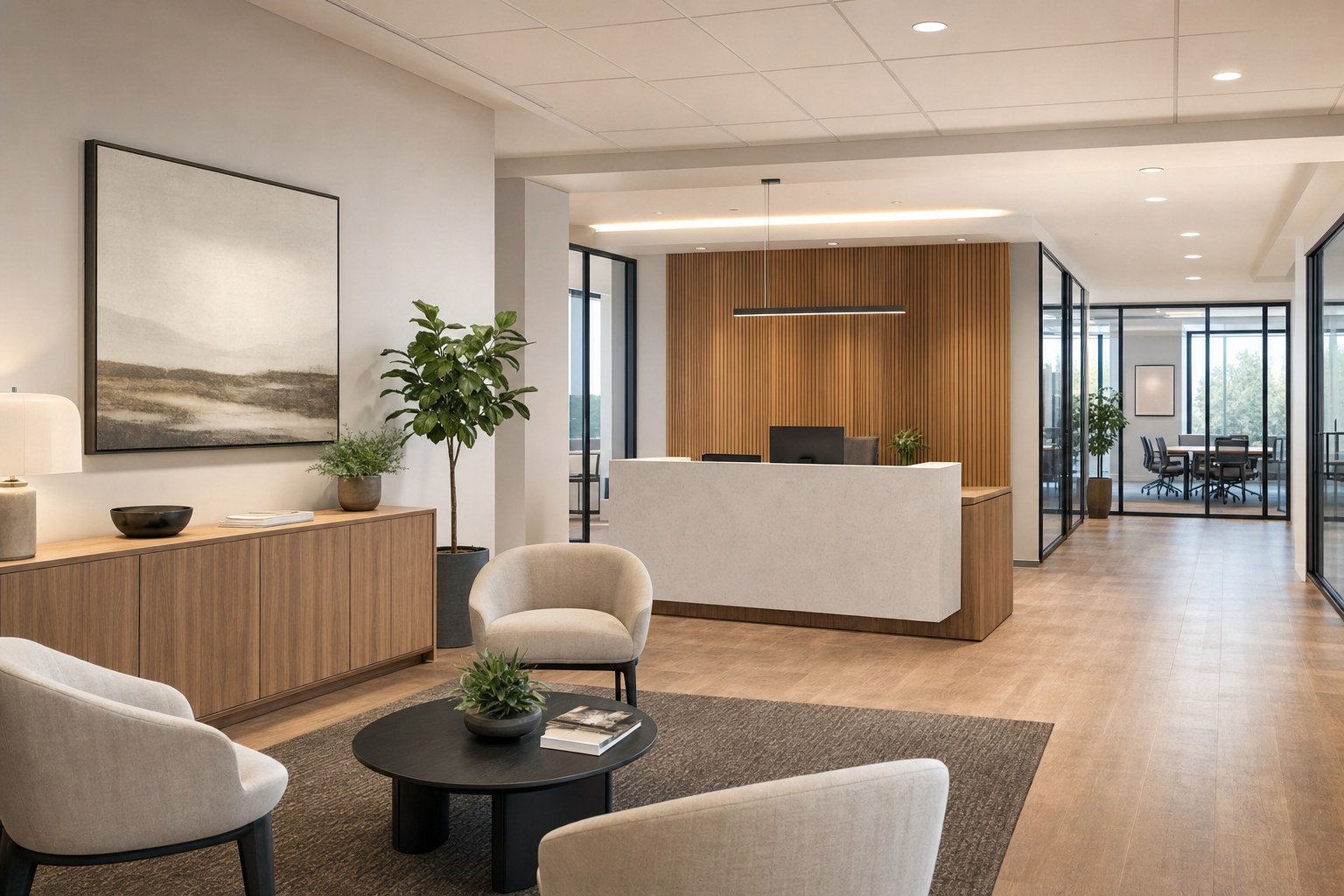 Office reception area with guest seating, reception desk, and a clear path to meeting rooms