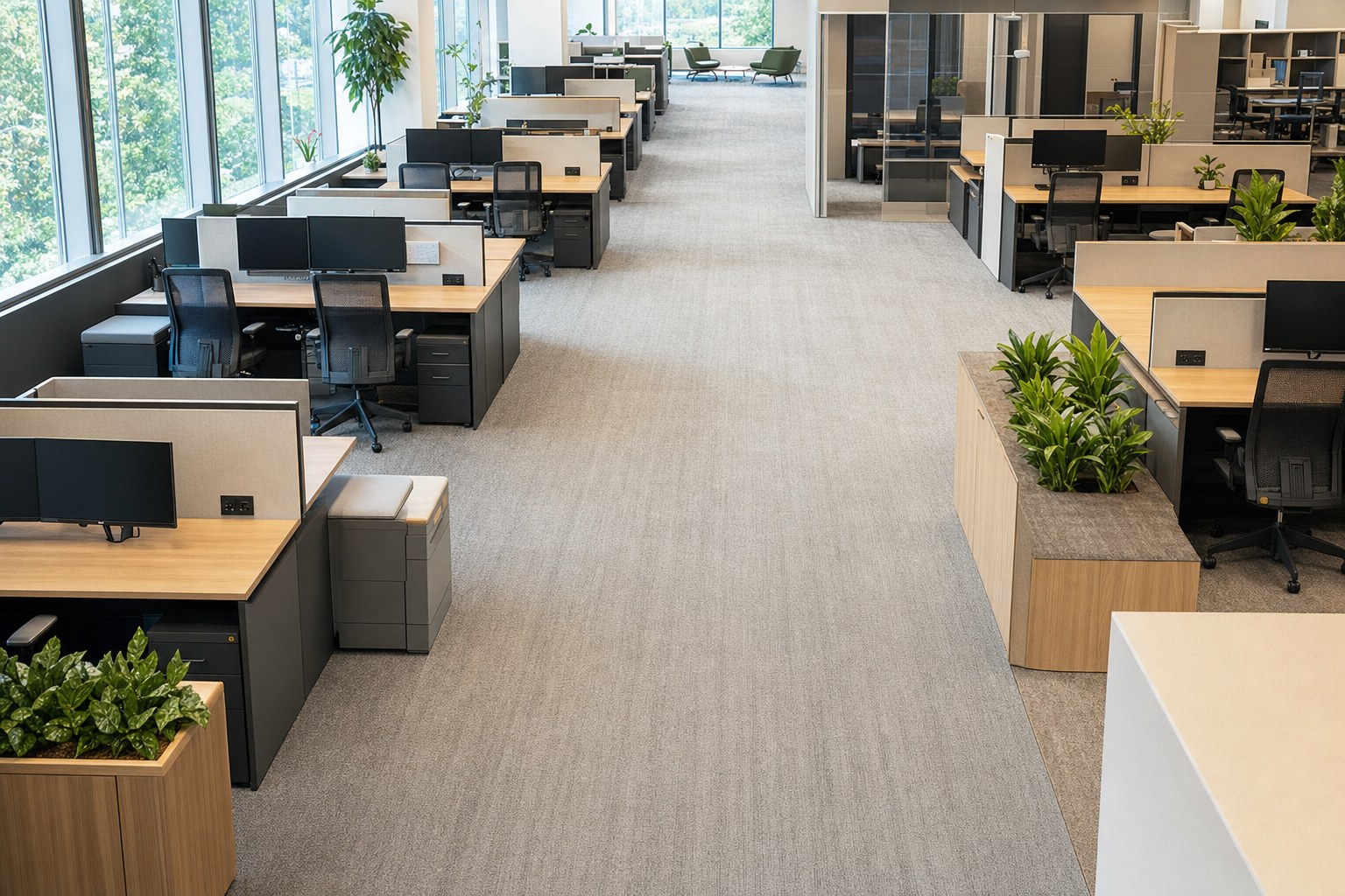 Office workstation neighborhood with a wide, uncluttered circulation path