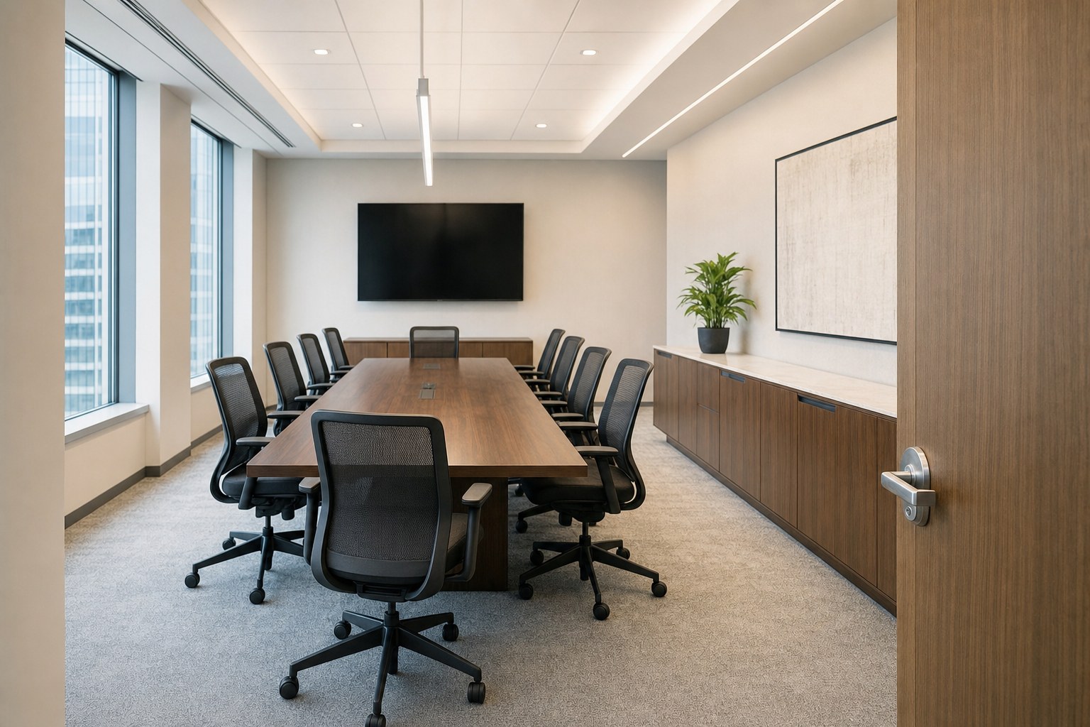 Conference room with a long table, ergonomic chairs, and clear access around the room