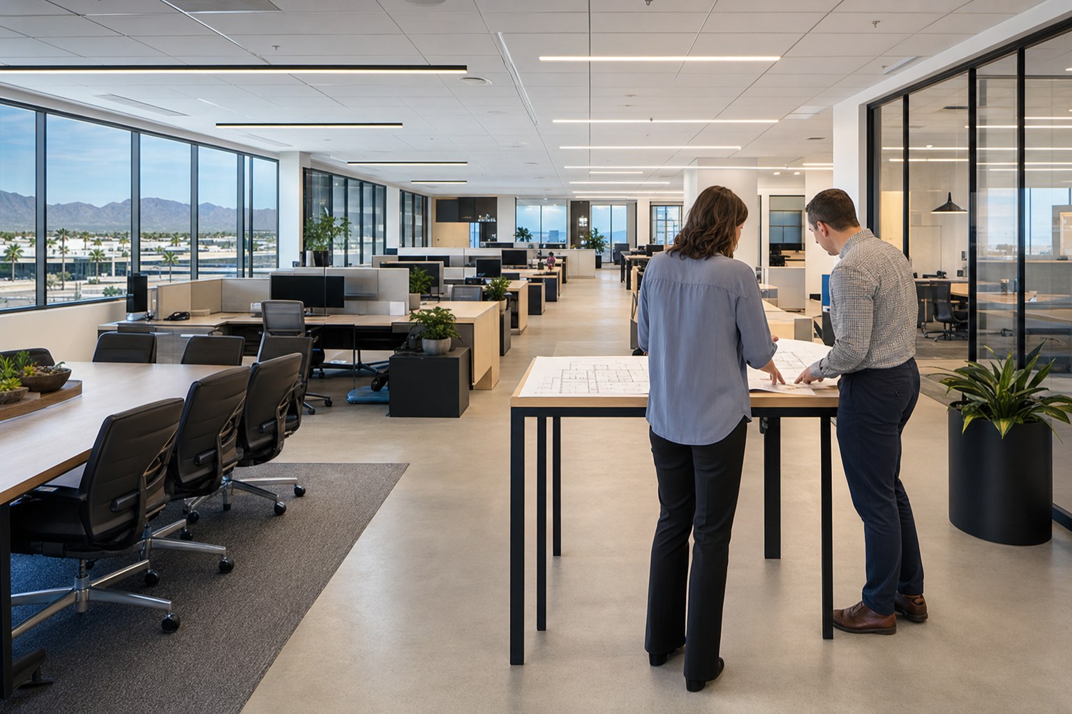 Office team reviewing a floor plan in a Phoenix workspace
