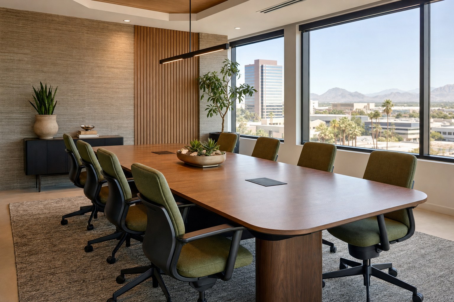 Conference room furnished with a long table and office chairs