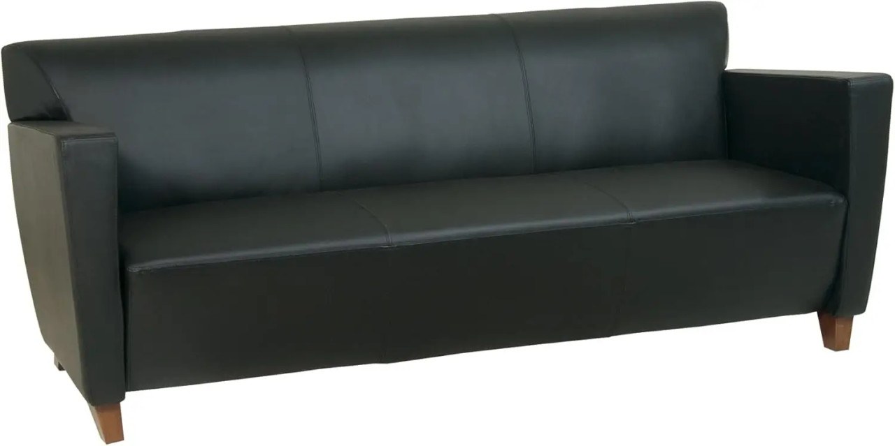 Black Leather Sofa with Cherry Finish legs