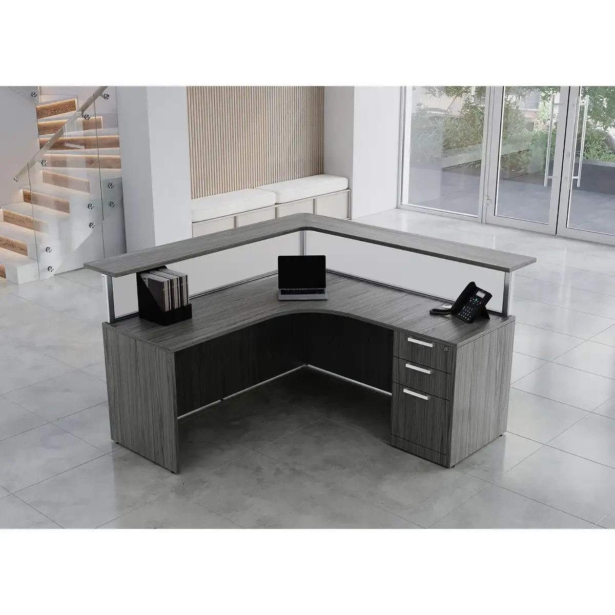 OS L-Shape Laminate Reception Station with Transaction Counter - Frosted Panels