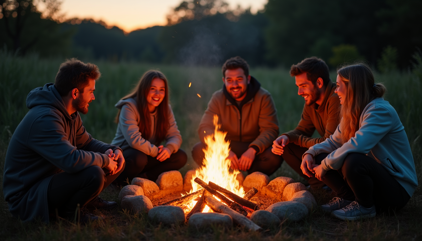 Farmcamp guests gathered around a campfire after dark