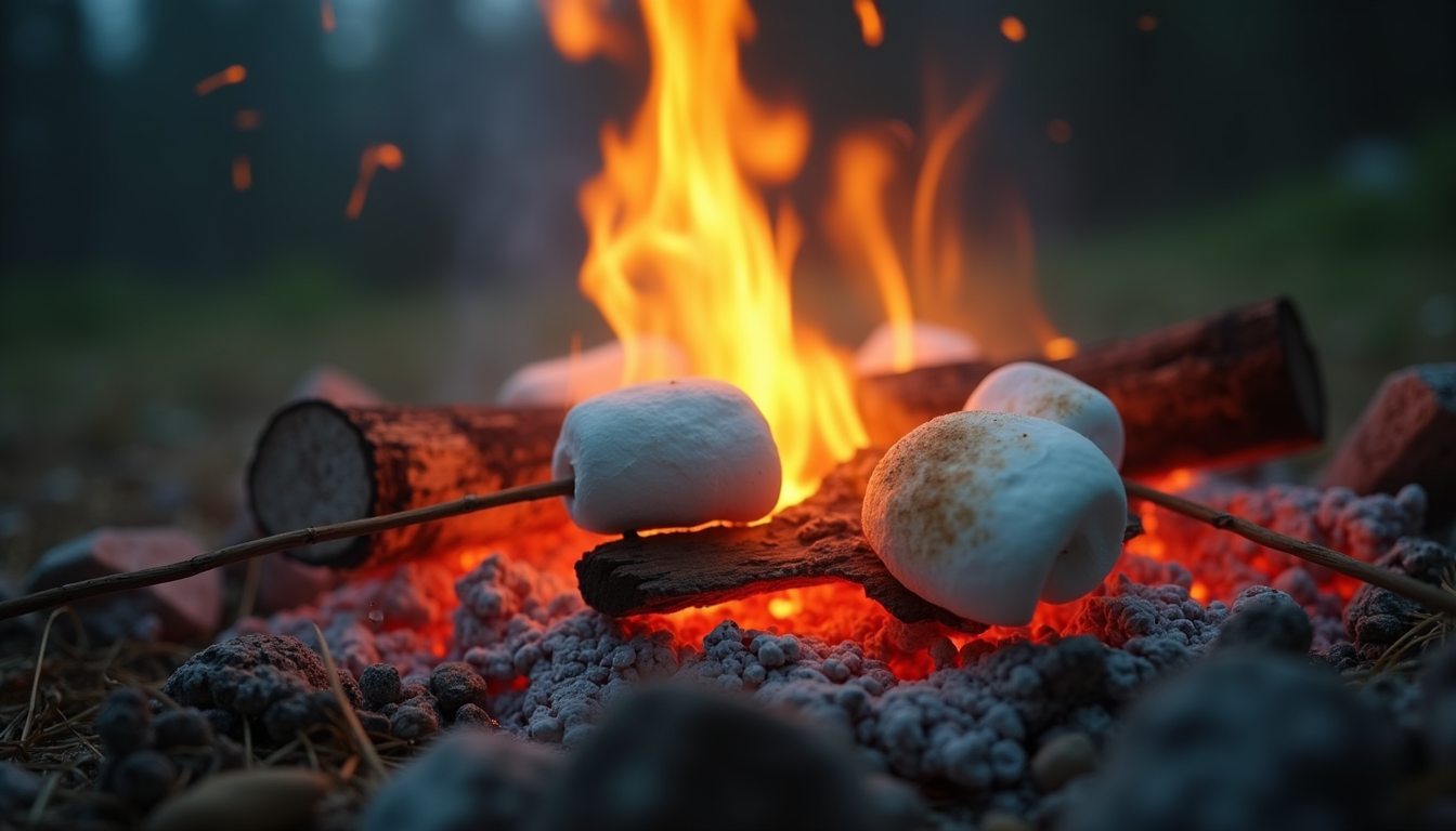 Campfire glowing at Farmcamp in the woods