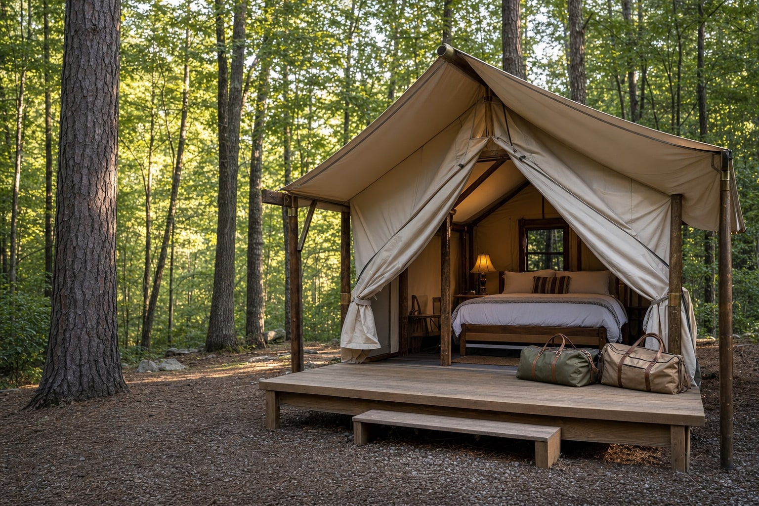 A furnished canvas glamping tent with weekend bags in a wooded campground