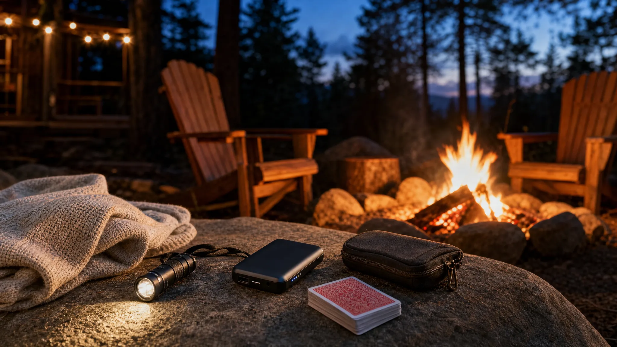 A flashlight, phone charger, sweater, cards, and small pouch beside a campfire at dusk