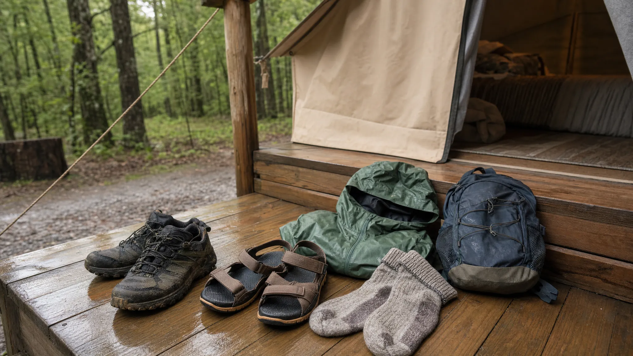 Trail shoes, sandals, a rain jacket, socks, and a small day bag on a glamping tent porch
