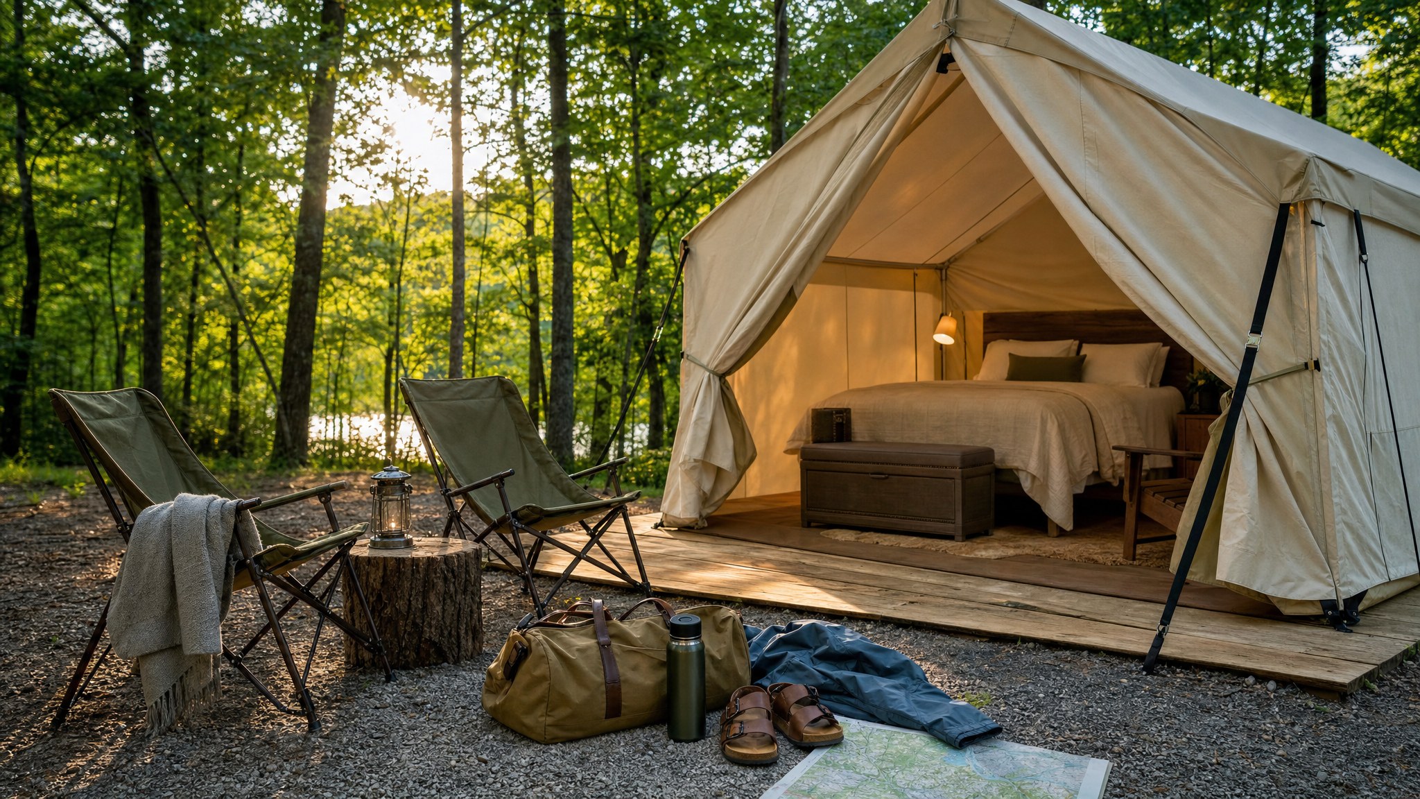 A furnished canvas glamping tent with weekend gear ready outside in a wooded campground