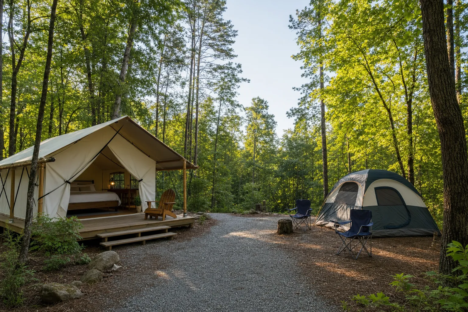 A furnished canvas glamping tent and a personal camping tent in a wooded campground