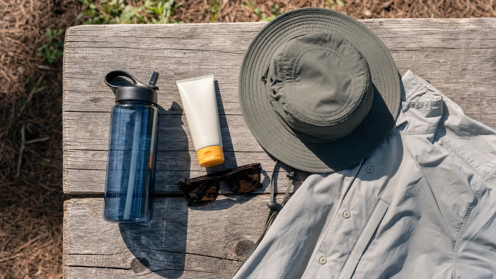 A reusable water bottle, sunscreen, sunglasses, hat, and lightweight shirt on a picnic table