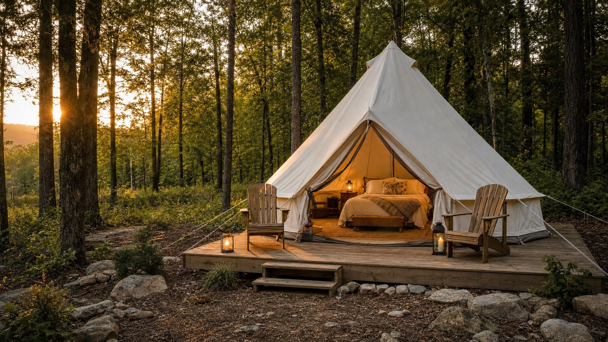 A furnished canvas glamping tent in the woods at golden hour