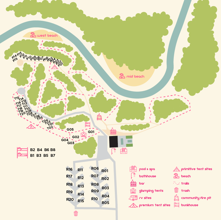 Farmcamp campground map showing RV sites, tent sites, glamping tents, pool and spa, bathhouse, beaches, trails, and firepit