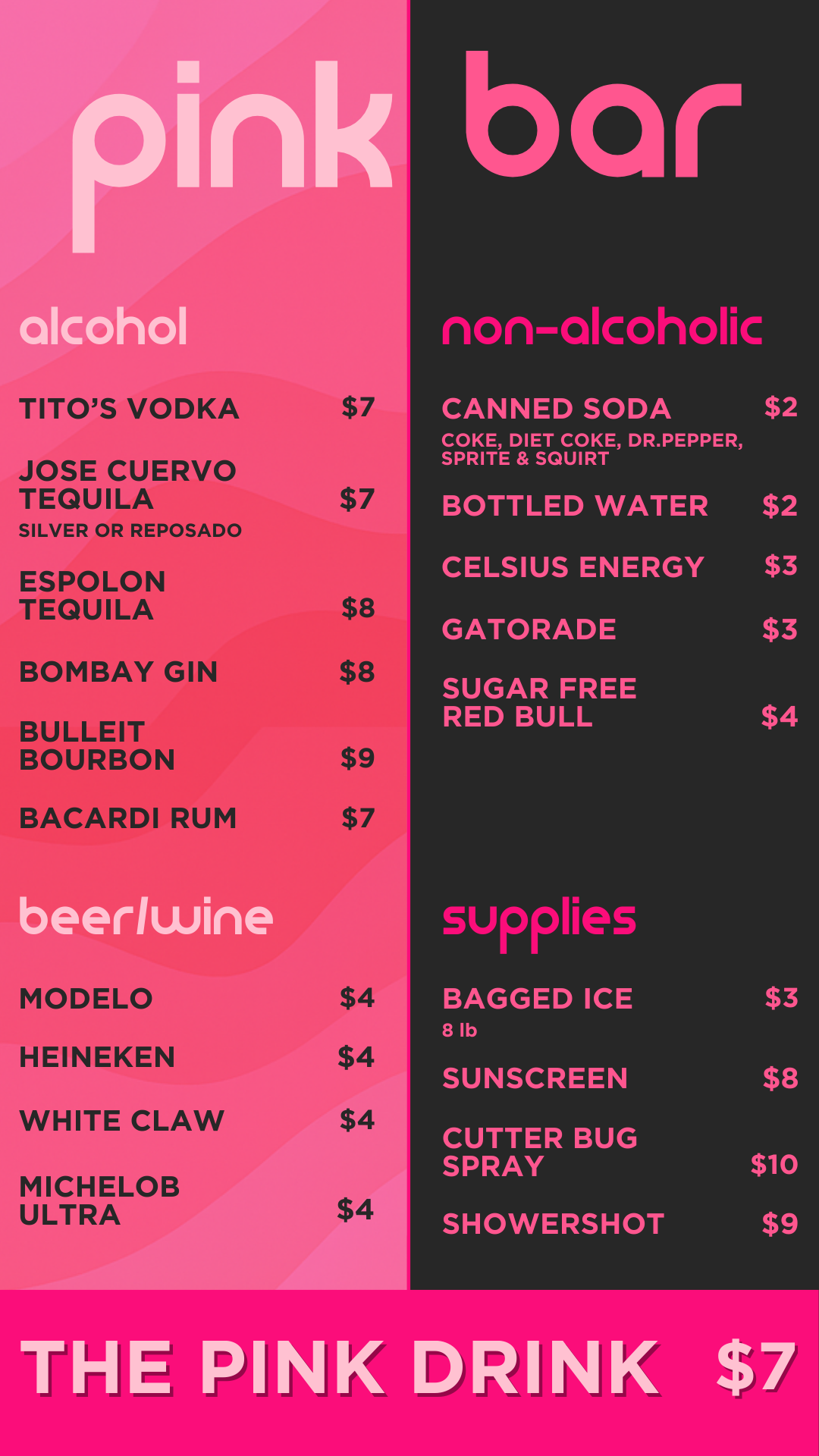 PinkBar drinks menu with alcohol, beer, wine, non-alcoholic drinks, and supplies