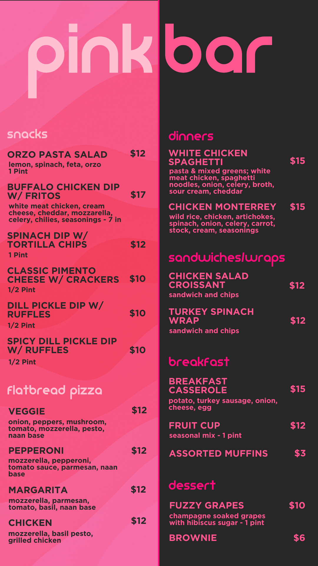 PinkBar food menu with snacks, pizzas, dinners, wraps, breakfast, and dessert
