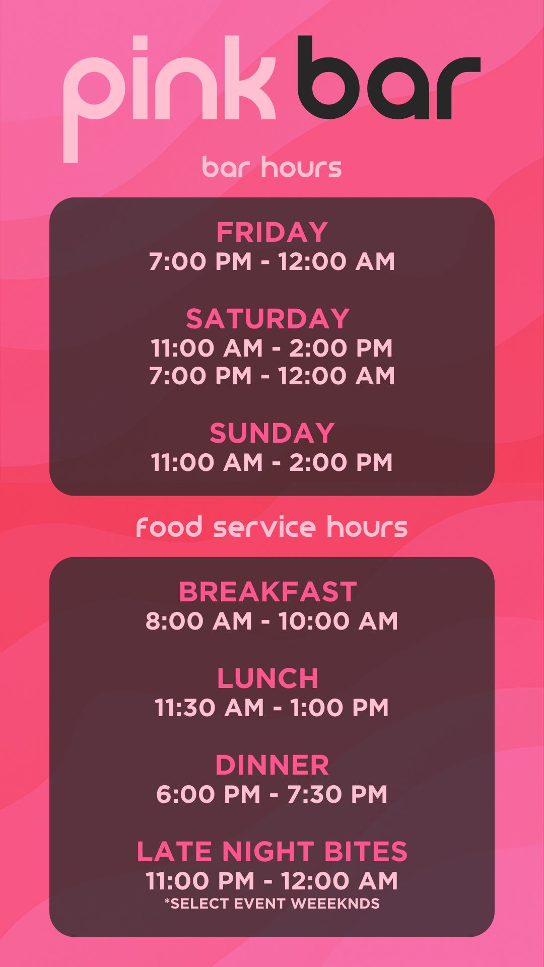 PinkBar hours and ordering details