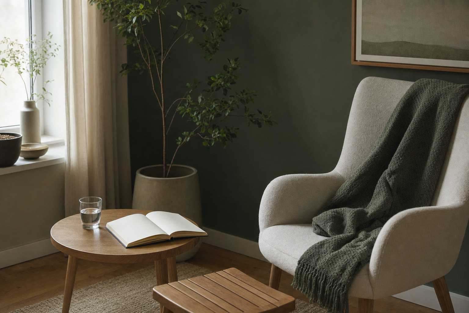 A comfortable chair, footstool, open blank notebook, and glass of water in a quiet wellness room