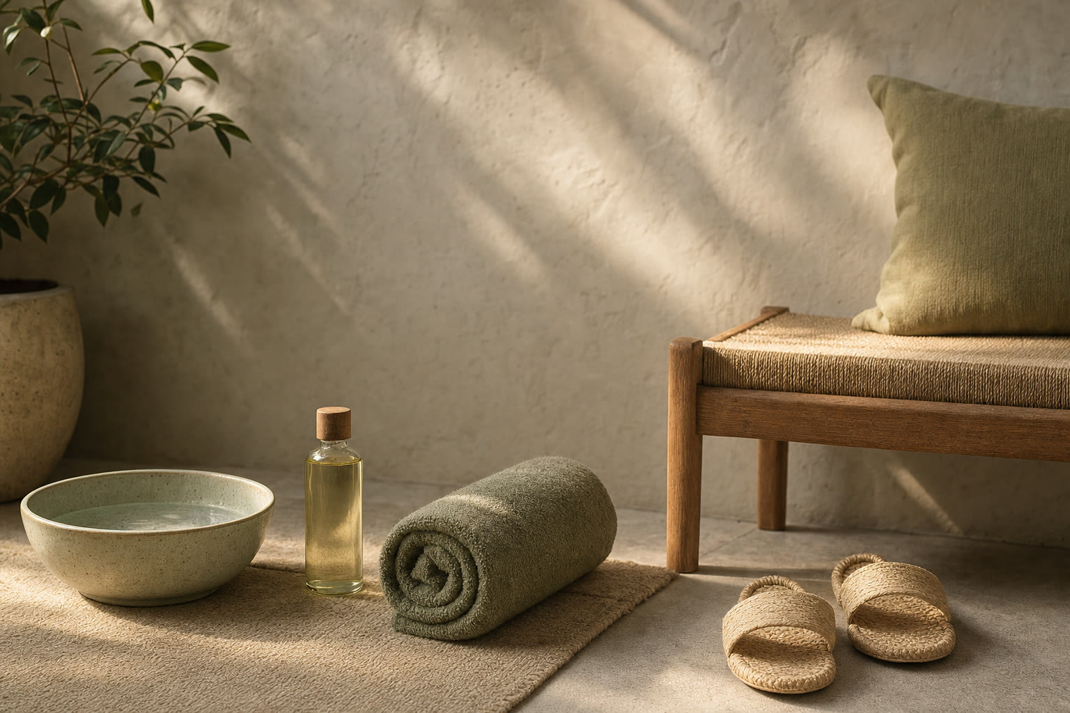 A quiet foot-care setting with a water bowl, towel, slippers, and unlabelled massage oil