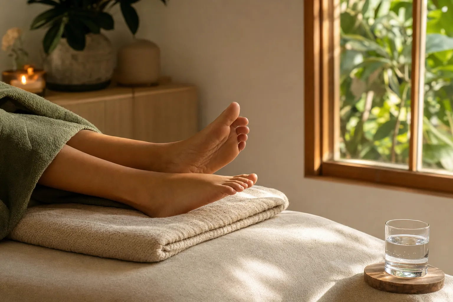 Bare feet resting on a folded blanket beside a glass of water after a wellness session