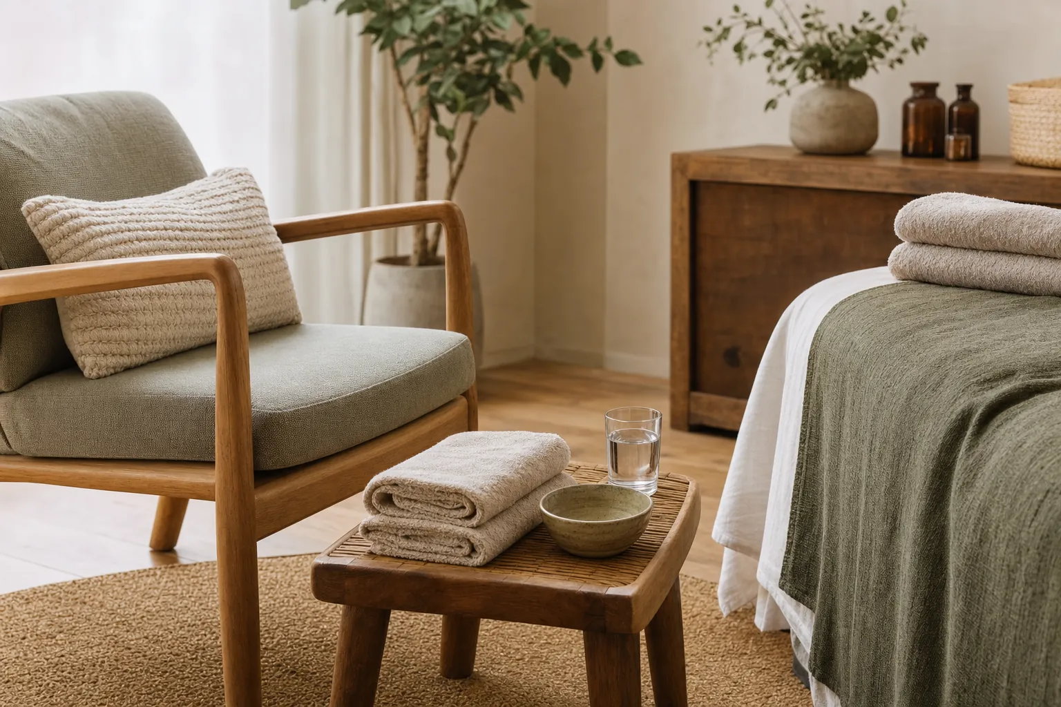 A calm treatment room prepared with towels, a chair, and water for a wellness appointment
