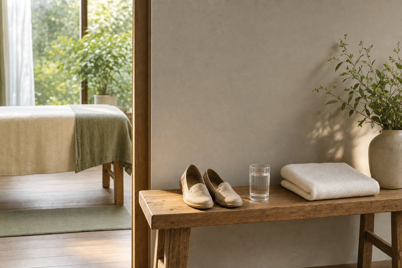 Slip-on shoes, a glass of water, and folded towels beside a calm treatment room