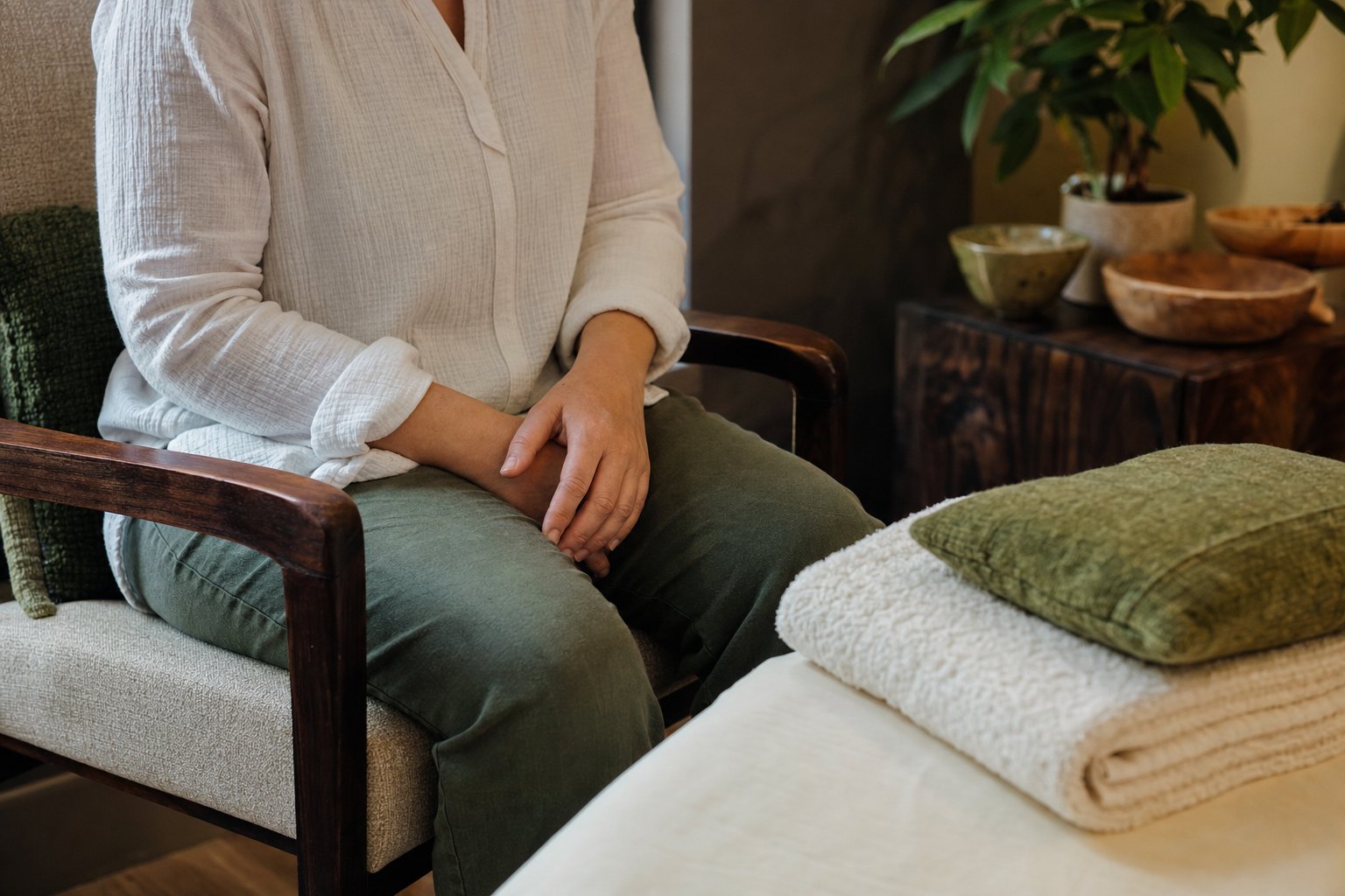 An adult client seated comfortably beside folded towels before a wellness appointment