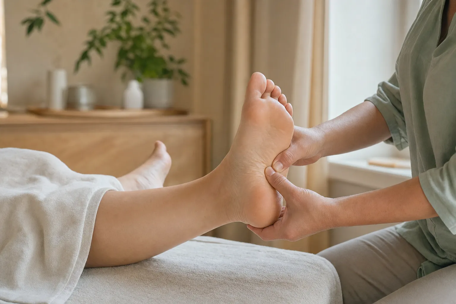 Measured foot-focused pressure during a calm reflexology wellness session
