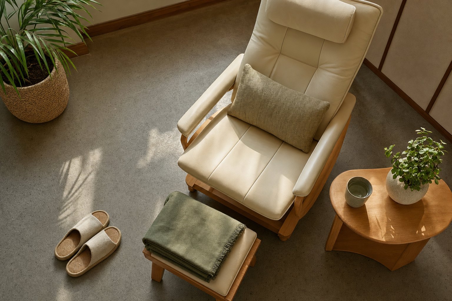 A prepared reclining chair, footstool, slippers, and water in a quiet wellness room