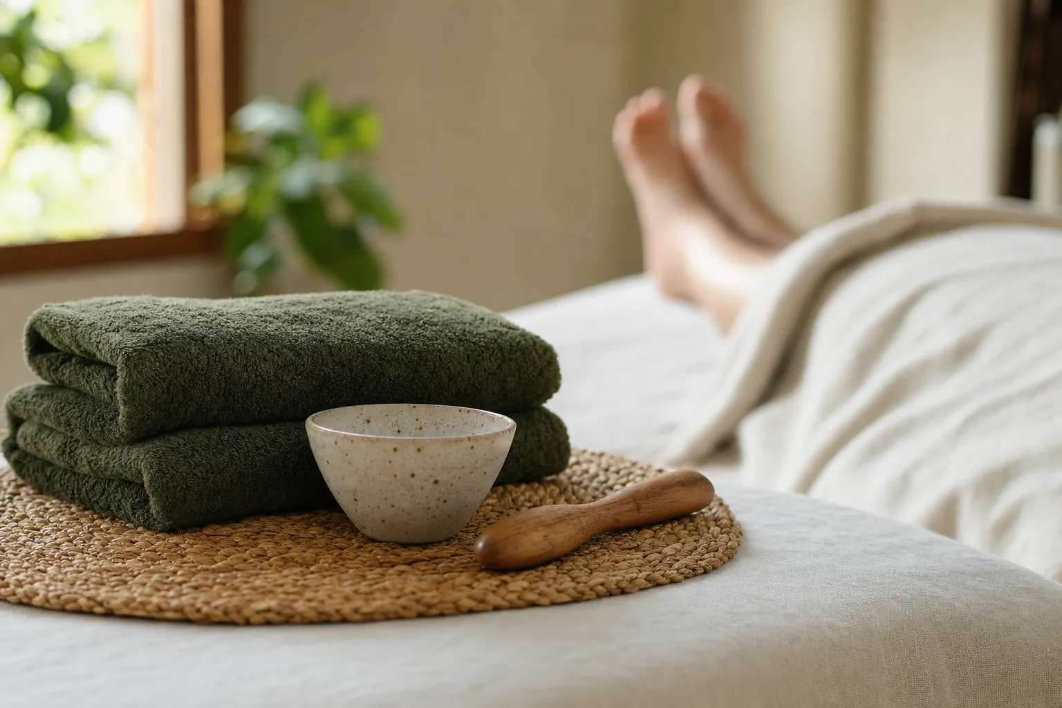 Folded green towels and a wooden massage tool in a quiet treatment room