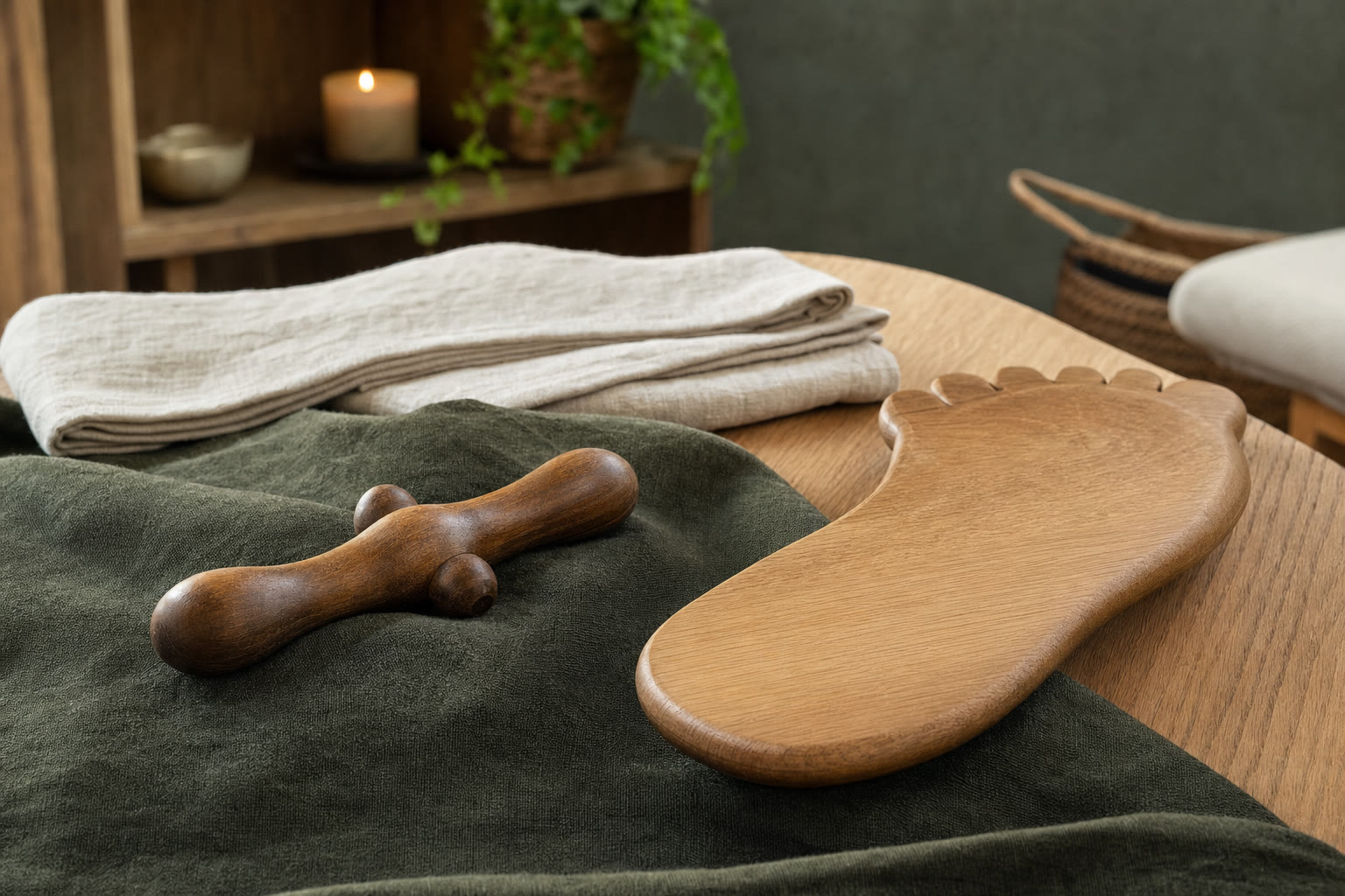 Wooden foot-focused wellness tools arranged on green linen and a natural wood surface