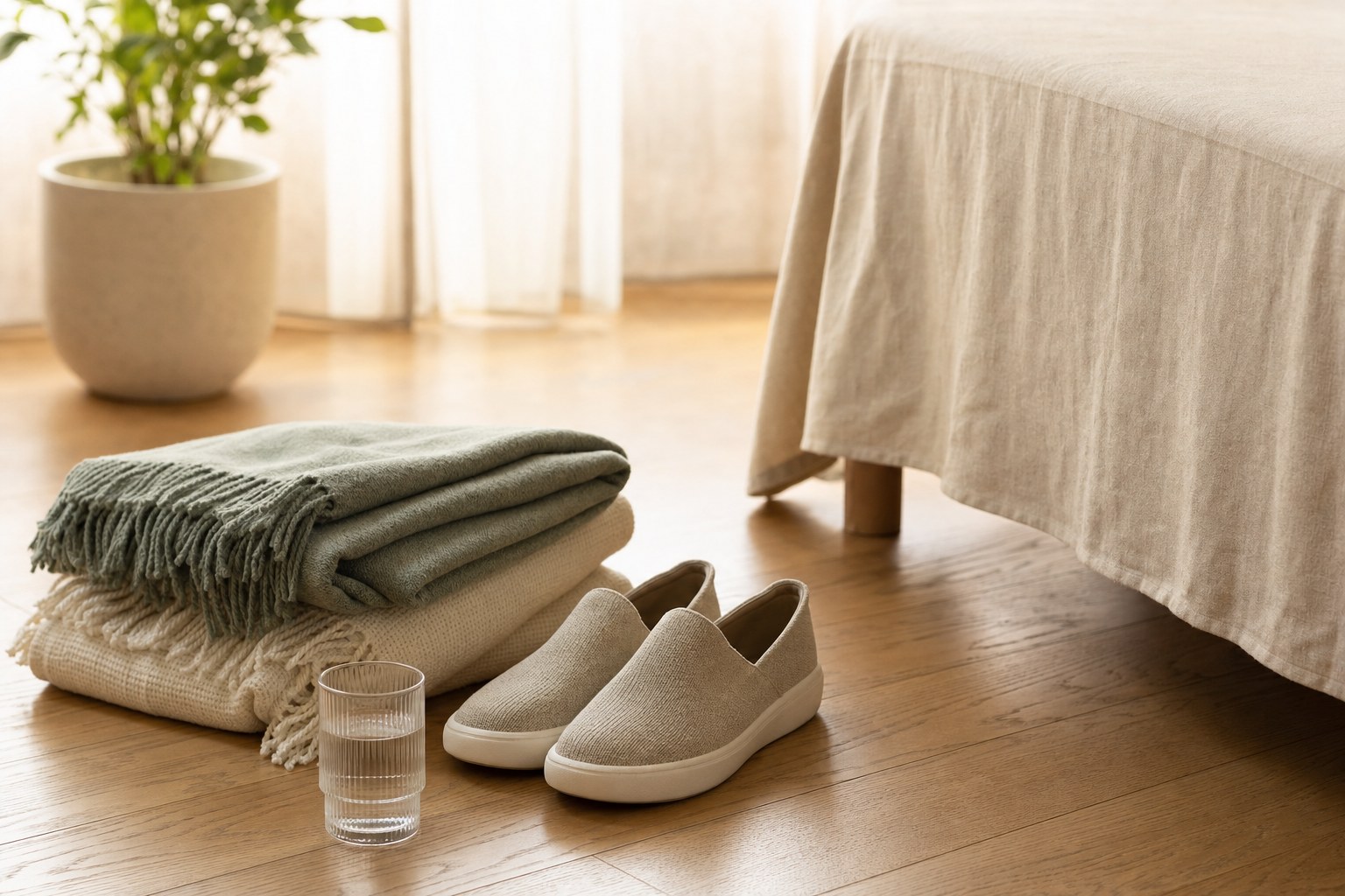 Comfortable slip-on shoes, folded blankets, and a glass of water beside a treatment table