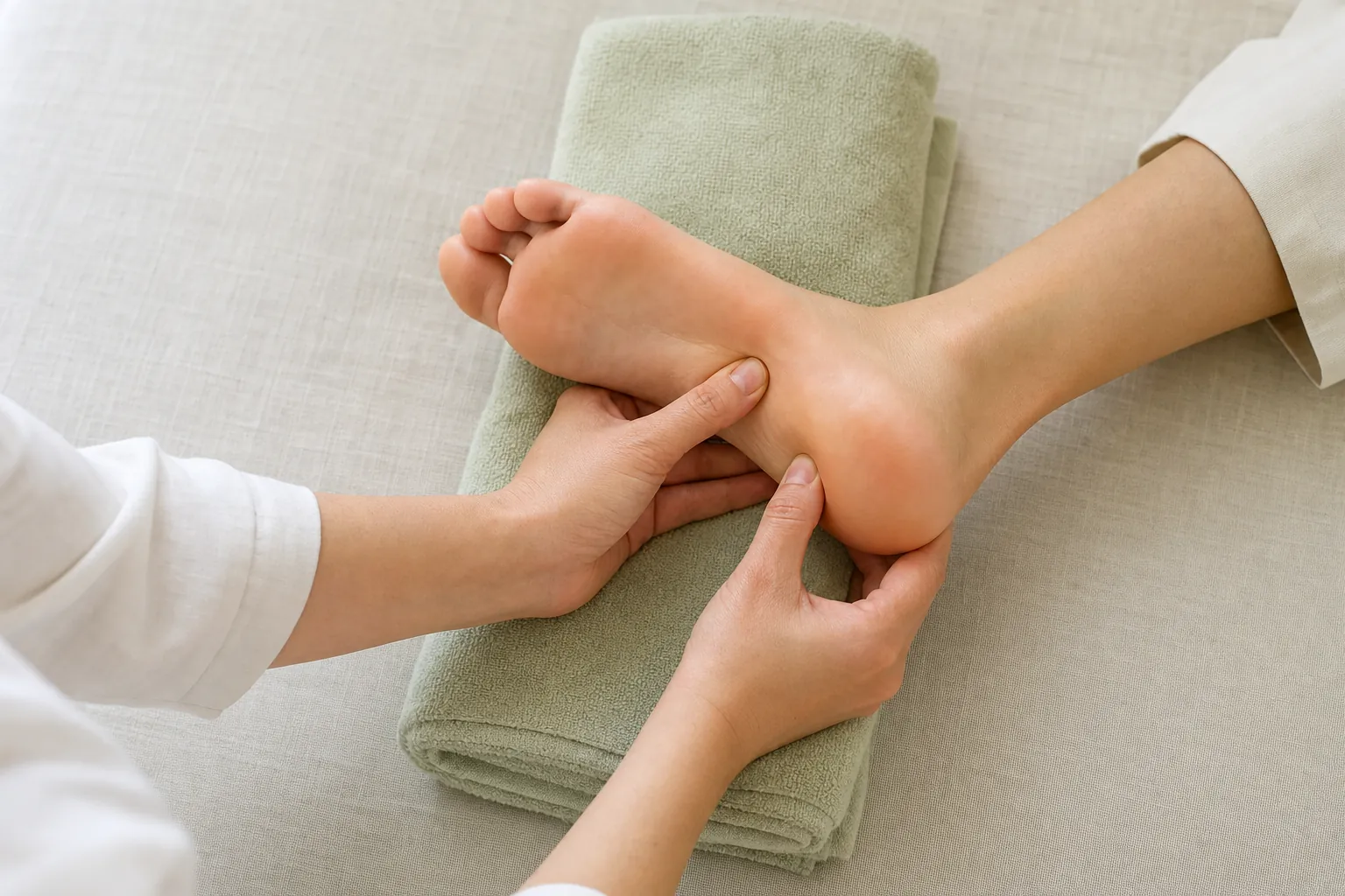 Measured pressure applied to the arch of a foot during a reflexology appointment